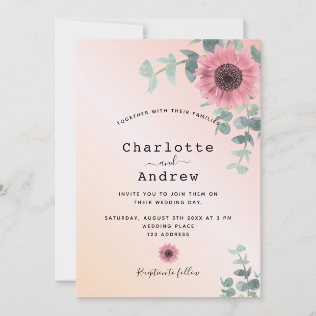 Blush pink rose gold floral greenery wedding invitation (Front)