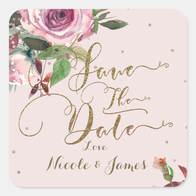 Blush Pink Rose Gold Floral Modern Save the Date Square Sticker (Front)