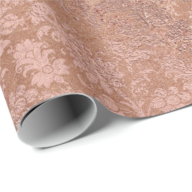 Blush Pink Rose Gold Floral Powder Floral Damask Wrapping Paper (Roll Corner)