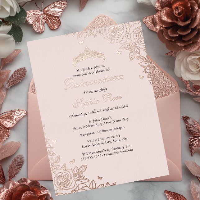 Blush Pink Rose Gold Floral Quinceanera Birthday  (Creator Uploaded)