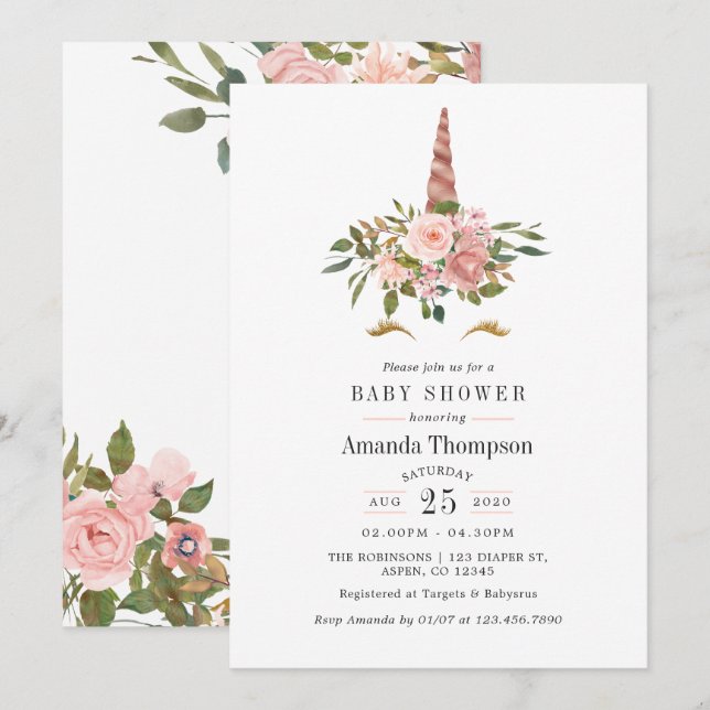 Blush Pink & Rose Gold Floral Unicorn Baby Shower  Invitation (Front/Back)