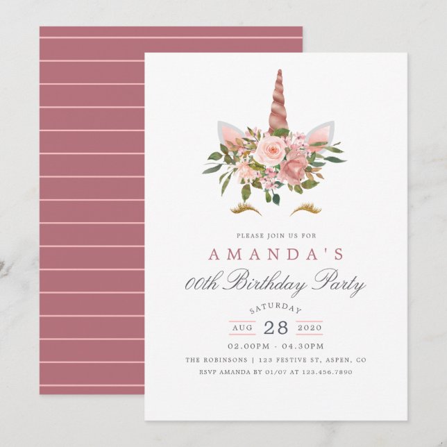 Blush Pink & Rose Gold Floral Unicorn Birthday Invitation (Front/Back)