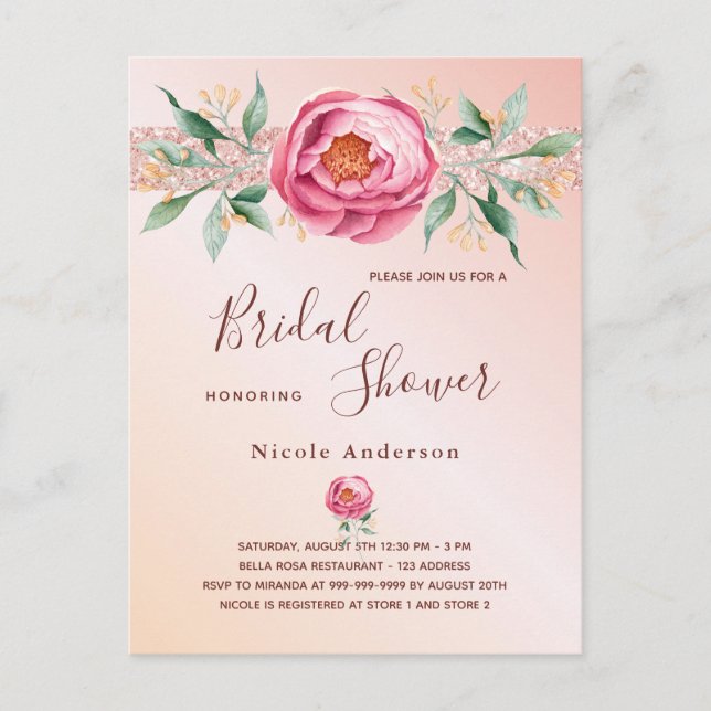 Blush pink rose gold florals bridal shower postcard (Front)