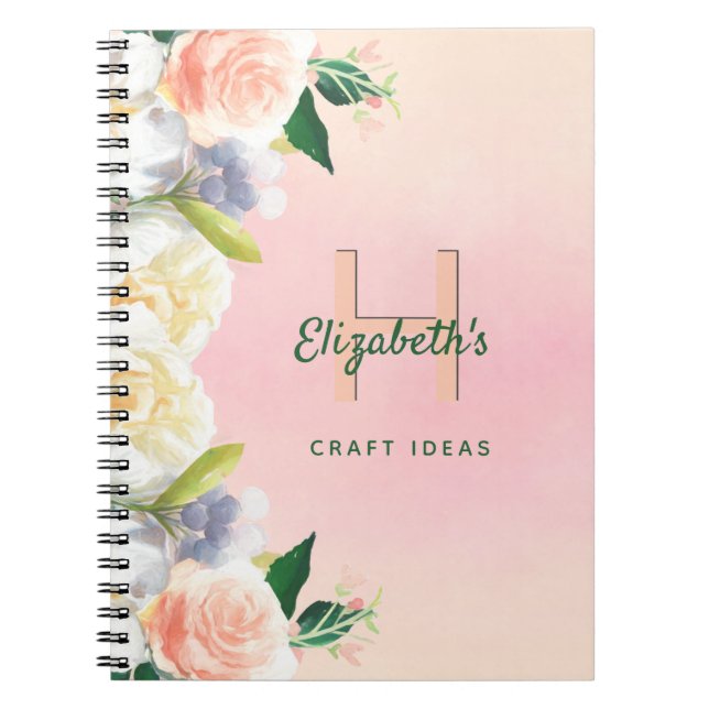 Blush pink rose gold florals monogram craft notebook (Front)