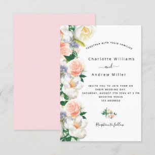 Blush pink rose gold florals white wedding invitation