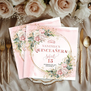 Blush Pink Rose Gold Flowers Mis Quince Napkins