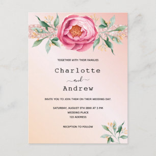 Blush pink rose gold flowers wedding invitation postcard