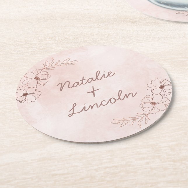 Blush Pink & Rose Gold Foil Floral Border Monogram Round Paper Coaster (Angled)