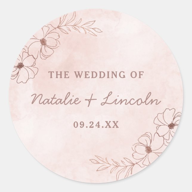 Blush Pink Rose Gold Foil Monogram Rustic Wedding Classic Round Sticker (Front)