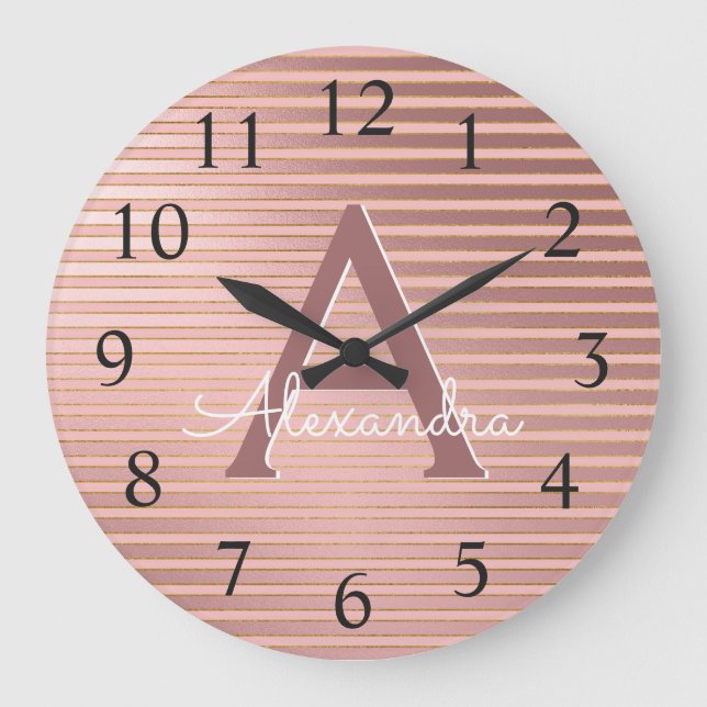 Blush Pink & Rose Gold Foil Stripe Monogram Name Large Clock (Front)
