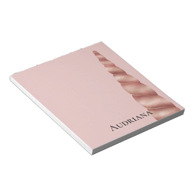 Blush Pink Rose Gold Glam Unicorn Personalized Notepad (Angled)