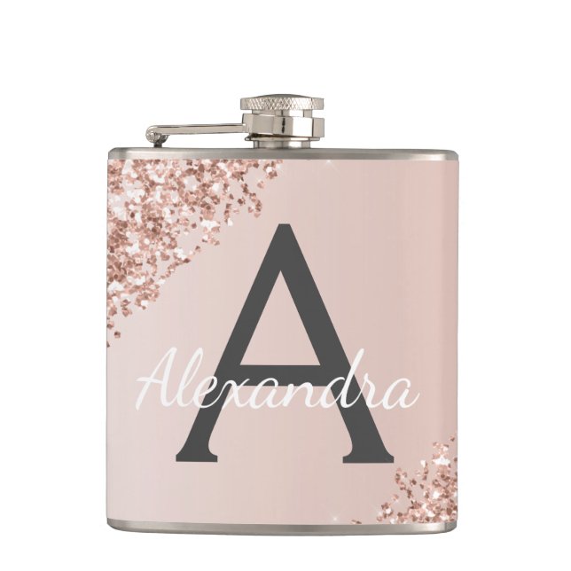 Blush Pink Rose Gold Glitter and Sparkle Monogram Hip Flask (Front)