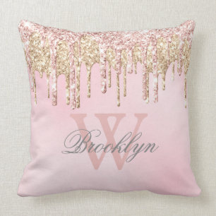 Blush Pink Rose Gold Glitter Drips Name Monogram T Throw Pillow