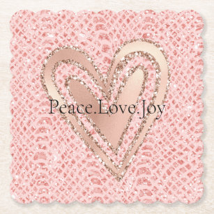Blush Pink Rose Gold Glitter Heart Peace Love  Paper Coaster