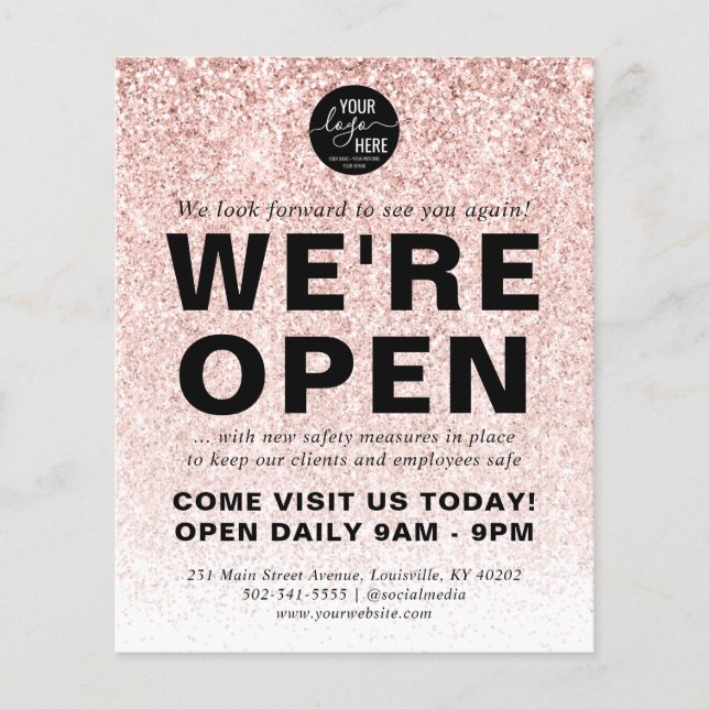 Blush Pink Rose Gold Glitter Logo Brand We're Open Flyer (Front)