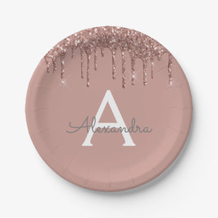 Blush Pink Rose Gold Glitter Monogram Birthday Paper Plate