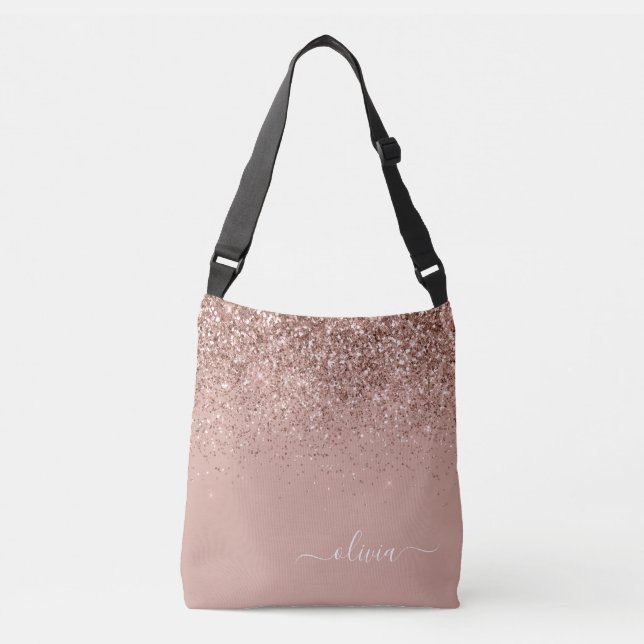 Blush Pink Rose Gold Glitter Monogram Name Crossbody Bag (Front)