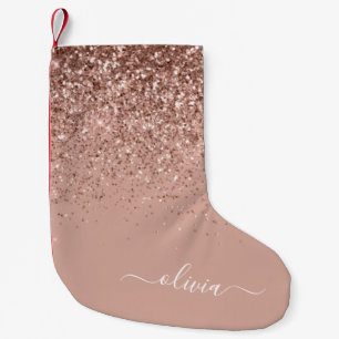Blush Pink Rose Gold Glitter Monogram Name Small Christmas Stocking