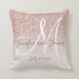 Blush Pink Rose Gold Glitter Monogram Newlyweds Throw Pillow