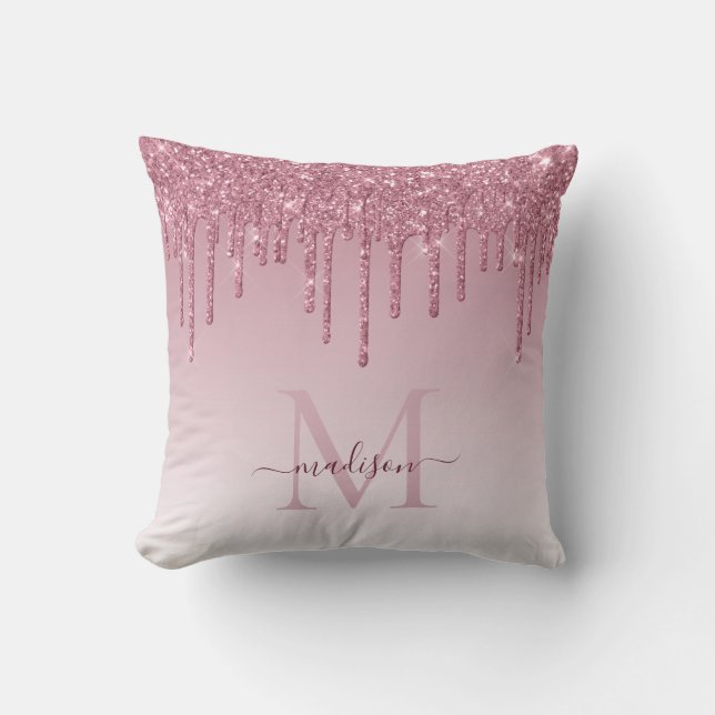 Blush Pink Rose Gold Glitter Ombre Monogram Script Throw Pillow (Front)