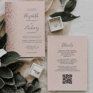 Blush Pink Rose Gold Glitter QR Code Wedding Invitation