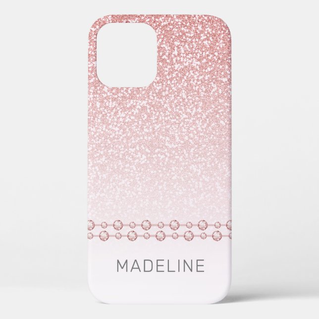 Blush Pink Rose Gold Glitter Rhinestone Name Case-Mate iPhone Case (Back)