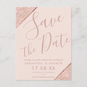 Blush pink Rose gold glitter script save the date Announcement Postcard