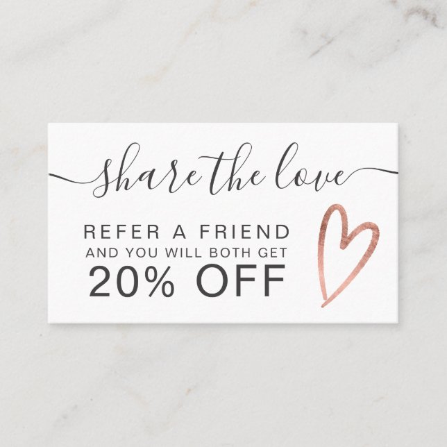 Blush pink rose gold heart script share the love referral card (Front)