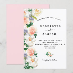 Blush pink rose gold lush florals white wedding invitation