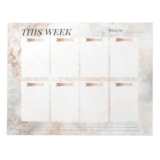 Blush Pink Rose Gold Marble Stylish Weekly Planner Notepad (Front)