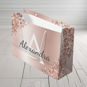 Blush Pink Rose Gold Metallic Glitter Monogrammed Large Gift Bag