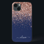 Blush Pink Rose Gold Navy Blue Glitter Monogram Ca iPhone 13 Case<br><div class="desc">Rose Gold - Blush Pink and Navy Blue Faux Sparkle and Dripping Glitter Brushed Metal Monogram Name and Initial Phone. This makes the perfect sweet 16 birthday,  wedding,  bridal shower,  anniversary,  baby shower or bachelorette party gift for someone that loves glam luxury and chic styles.</div>