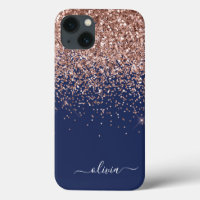 Blush Pink Rose Gold Navy Blue Glitter Monogram Ca