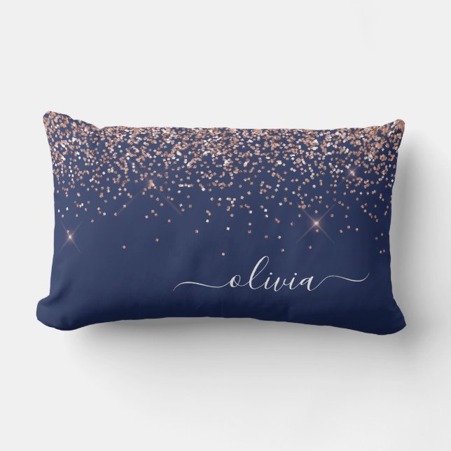 Blush Pink Rose Gold Navy Blue Glitter Monogram Lumbar Pillow (Front)