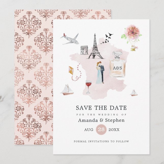 Blush Pink & Rose Gold Paris Destination Wedding Save The Date (Front/Back)