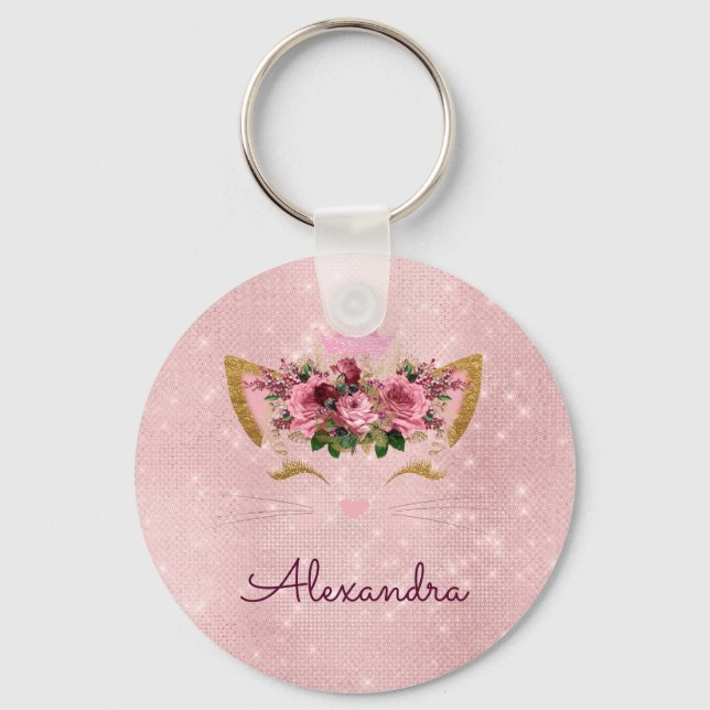 Blush Pink - Rose Gold Princess Kitty Monogram Keychain (Front)