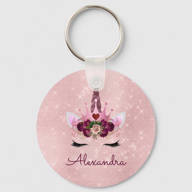 Blush Pink - Rose Gold Princess Unicorn Monogram Keychain (Front)