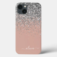 Blush Pink Rose Gold Silver Glitter Monogram