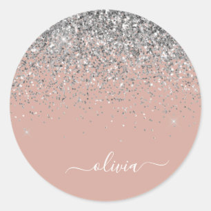 Blush Pink Rose Gold Silver Glitter Monogram Classic Round Sticker