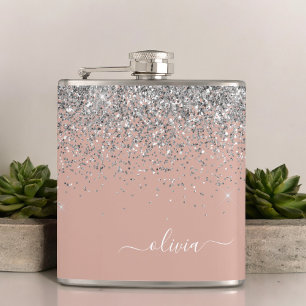 Blush Pink Rose Gold Silver Glitter Monogram Hip Flask