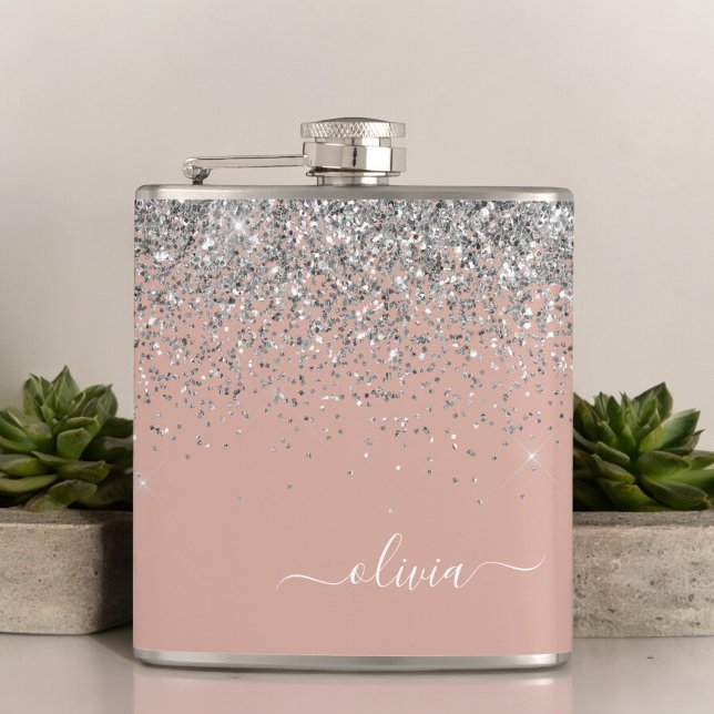 Blush Pink Rose Gold Silver Glitter Monogram Hip Flask (Creator Uploaded)