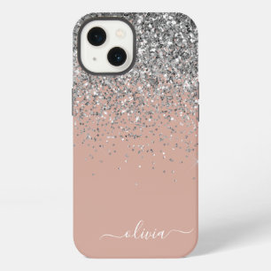 Blush Pink Rose Gold Silver Glitter Monogram iPhone 13 Case