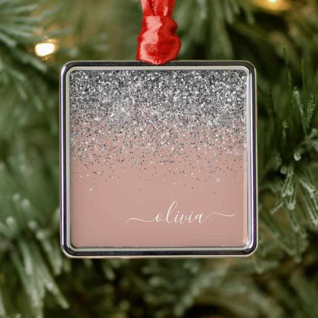 Blush Pink Rose Gold Silver Glitter Monogram Metal Ornament (Tree)