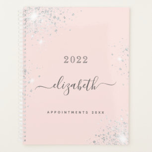 Blush pink rose gold silver glitter monogram planner