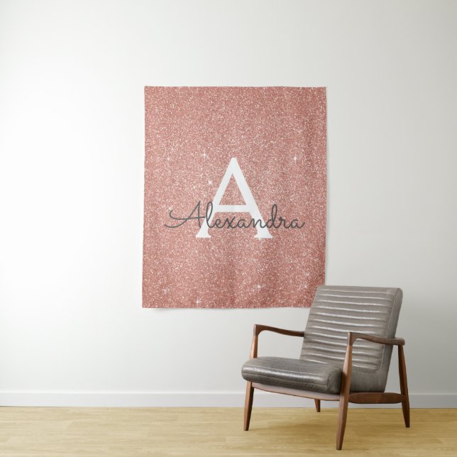 Blush Pink - Rose Gold Sparkle Glitter Monogram Tapestry (In Situ)