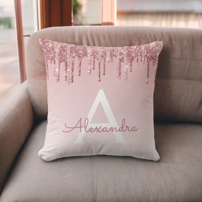 Blush Pink - Rose Gold Sparkle Glitter Monogram Throw Pillow (Creator Uploaded)