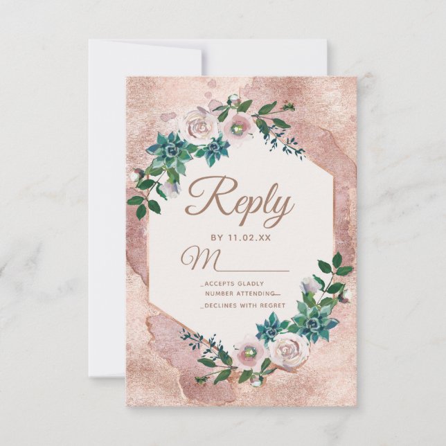 Blush Pink Rose Gold Succulents Wedding RSVP (Front)