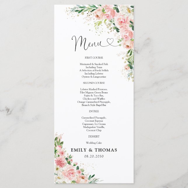 Blush Pink Rose Gold Wedding Ceremony Menu (Front)