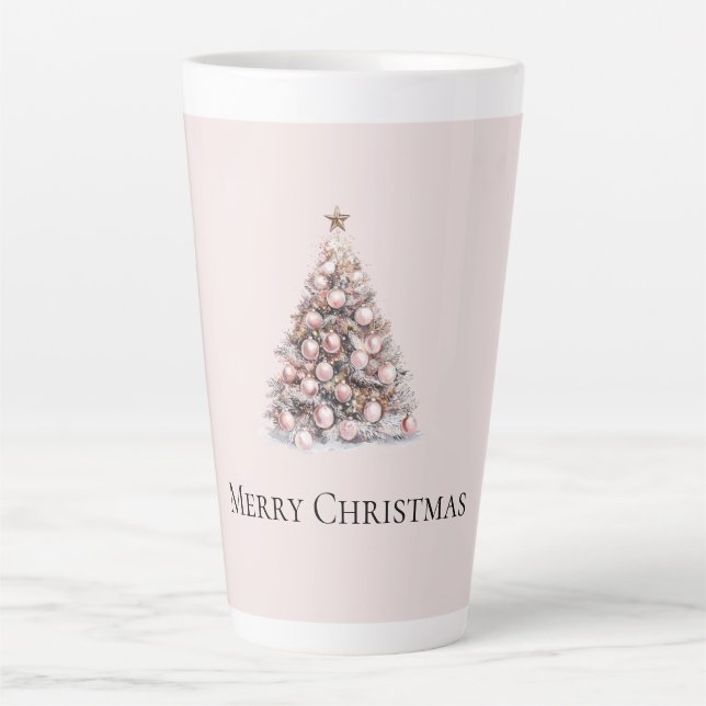 Blush Pink Rose Gold White Christmas Tree Latte Mug (Front)