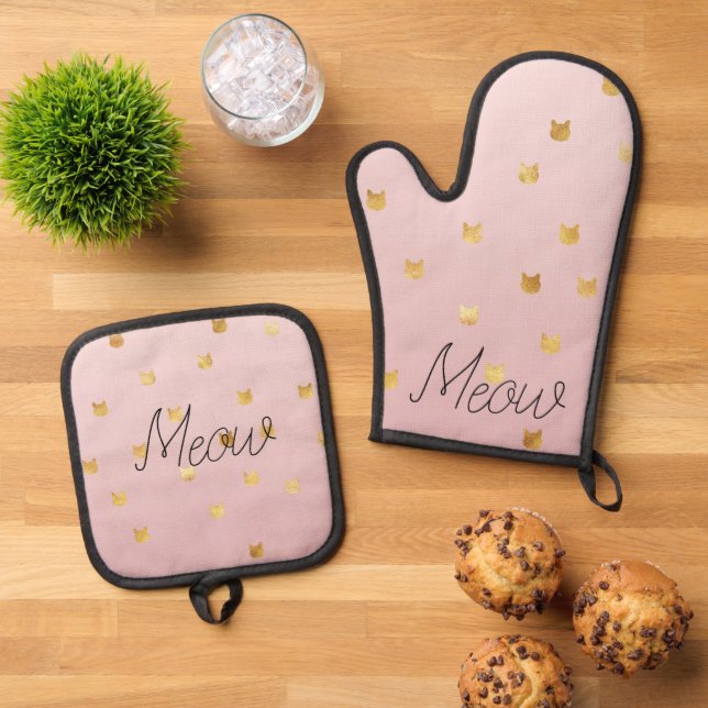 Blush Pink Rose Ombre Gold Cats Oven Mitt & Pot Holder Set (Top Down)